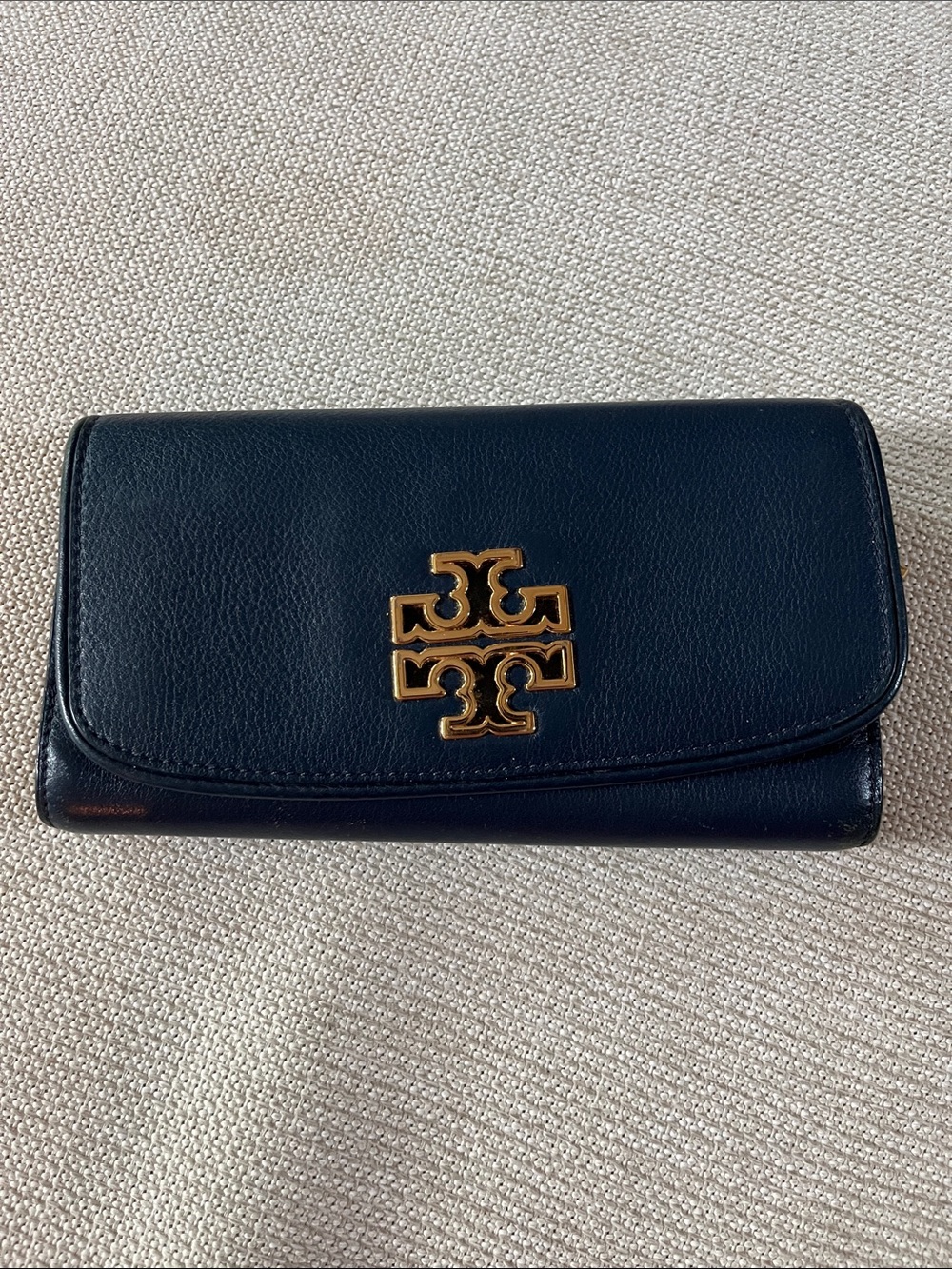Tory Burch Navy Leather Continental Wallet with Gold Logo